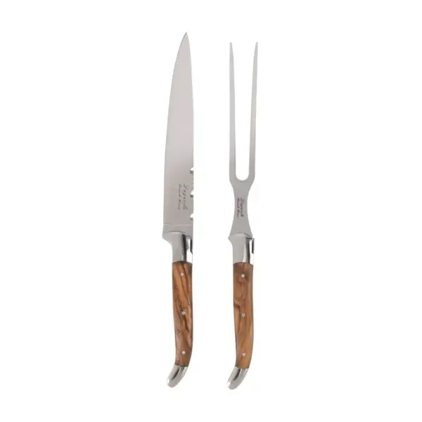 French Home Laguiole 2pc Stainless Steel and Olivewood Carving Knife and Fork Set