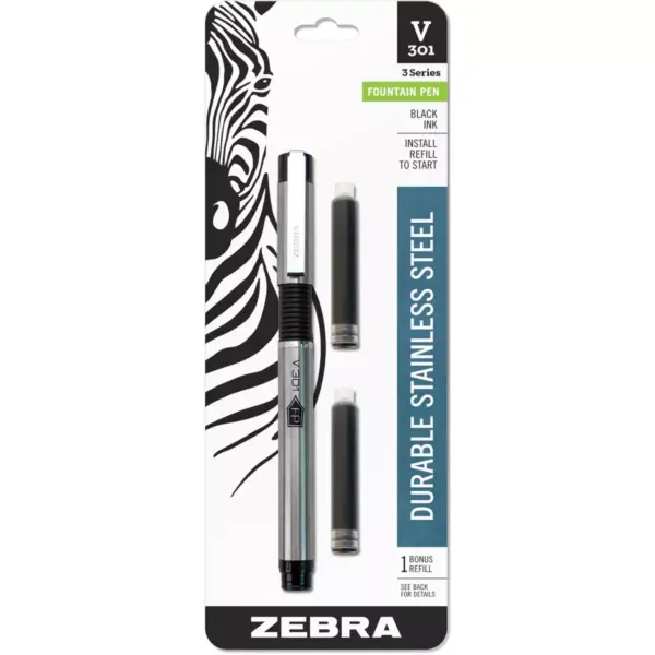 Zebra Fountain Pen Refillable Fine Point BK Ink/STST Barrel 48111