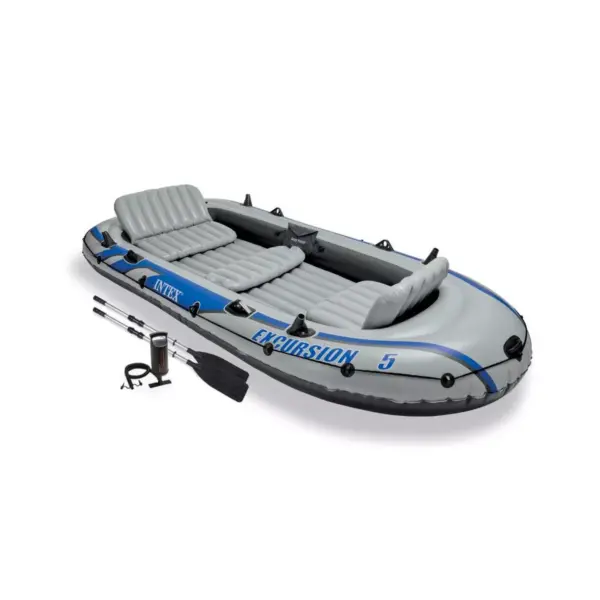 Intex 68325EP Excursion Inflatable 5 Person Heavy Duty Fishing Boat Raft Set with 2 Aluminum Oars & High Output Air Pump for Lakes & Mild Rivers, Gray