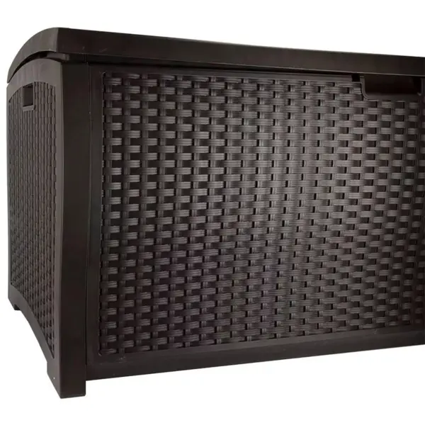 Suncast DBW9200 99 Gallon Outdoor Wicker Resin Patio Storage Chest Bin with Handles for Patio, Garden, Garage, or Pool for All Weather, Mocha