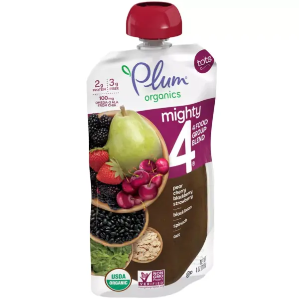 Plum Organics Mighty 4 Blends Pear Cherry Blackberry Strawberry Black Bean Spinach & Oat Baby Snacks - 4oz