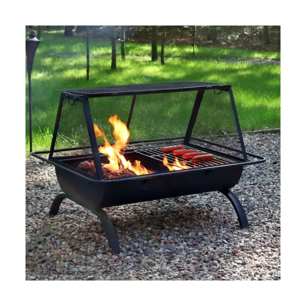 Sunnydaze Outdoor Camping or Backyard Rectangular Northland Fire Pit with Cooking Grill Grate, Spark Screen, Log Poker, and Fire Pit Cover - 36"