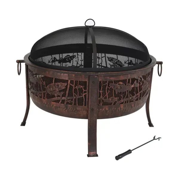 Sunnydaze Outdoor Camping or Backyard Steel Northwoods Fishing Fire Pit with Spark Screen - 30" - Bronze