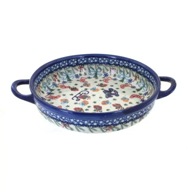 Blue Rose Polish Pottery Christmas Bounty Small Round Baker with Handles