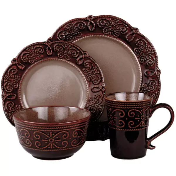 16pc Stoneware Antique Elegance Embossed Dinnerware Set Brown - Elama