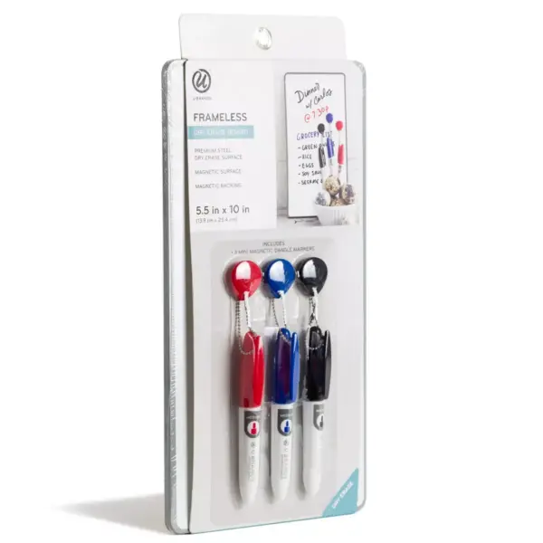 U Brands 5.5"x10" Frameless Magnetic Dry Erase Board with 3 Mini Markers