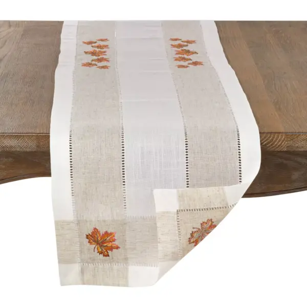 15" X 70" Embroidered Leaf Hemstitch Runner Ivory - SARO Lifestyle