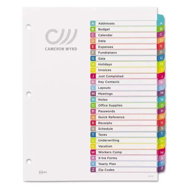 Avery Ready Index Table of Contents Dividers Multicolor Tabs A-Z Letter 11844