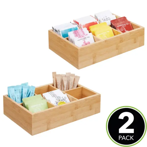 mDesign Bamboo Wood Tea & Food Organizer Bin - 6 Sections, 2 Pack - Natural