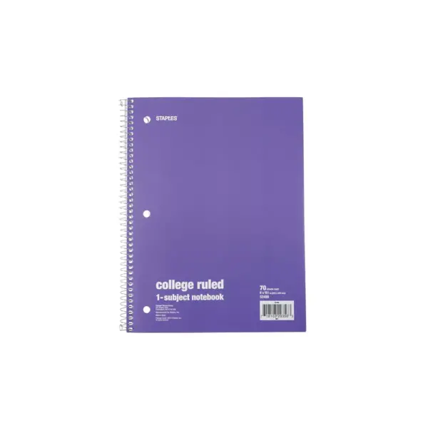 Staples 1 Subject Notebook College Ruled 8" x 10-1/2" Purple 1484083