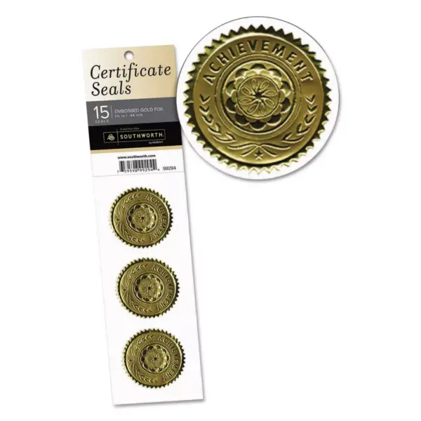 SOUTHWORTH CO. Gold Certificate Seals "Achievement" 1 3/4" dia Gold 15/Pack 99294