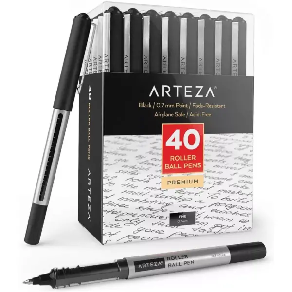 Arteza Roller Ball Pens, Black, 0.7 mm Bullet Point - Pack of 40 (ARTZ-9294)