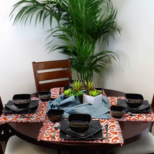 16pc Stoneware Wild Tile Square Dinnerware Set Black - Elama