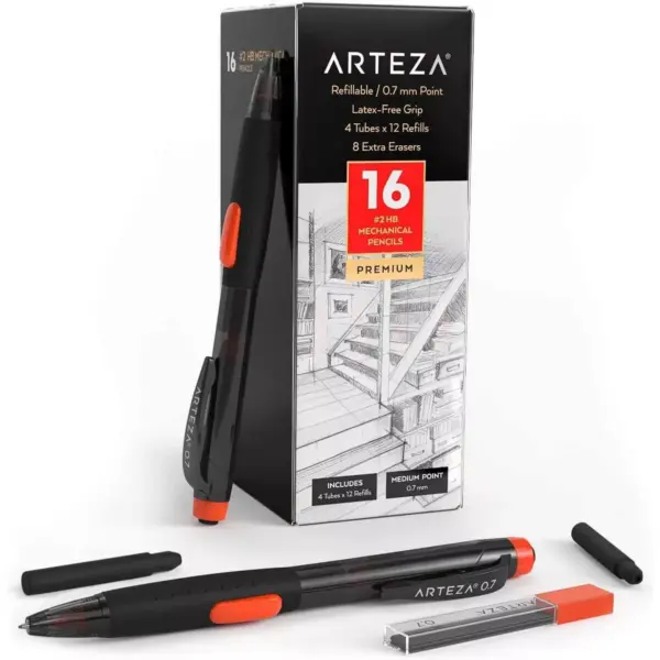 Arteza Box of #2 HB Mechanical Pencils with Refills and Erasers, 0.7mm, Number 2 Bulk Pencil School Supply - 16 Pack (ARTZ-9211)