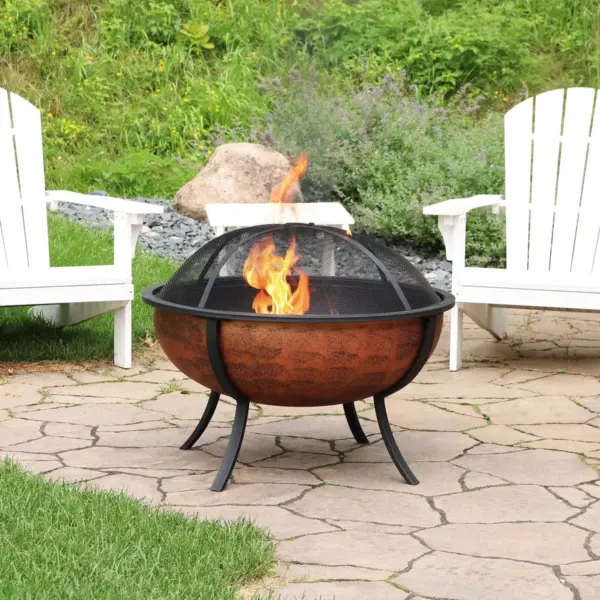 Sunnydaze Outdoor Portable Camping or Backyard Large Round Fire Pit Bowl with Spark Screen, Wood Grate, and Log Poker - 32" - Copper Finish