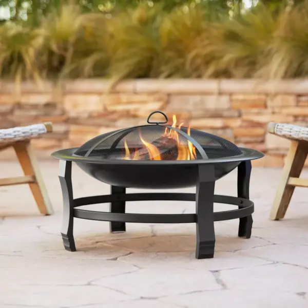 John Timberland Black Outdoor Fire Pit Round 30" Steel Wood Burning with Spark Screen and Fire Poker for Outside Backyard Patio Camping