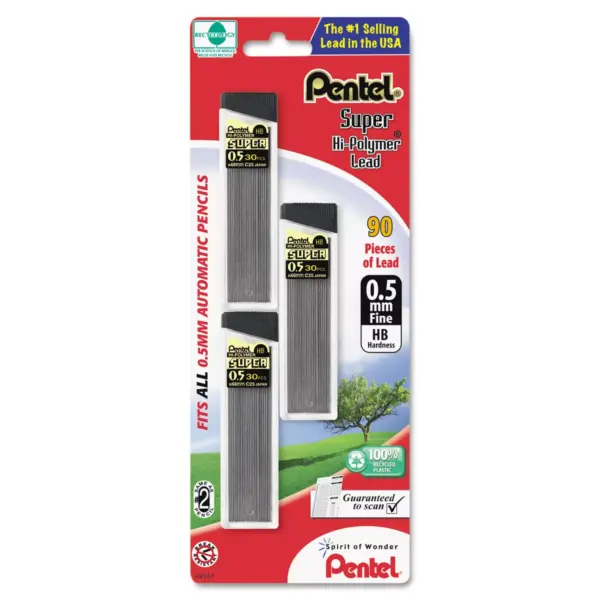 Pentel Super Hi-Polymer Lead Refills 0.5mm HB Black 30/Tube 3 Tubes/Pack C25BPHB3K6