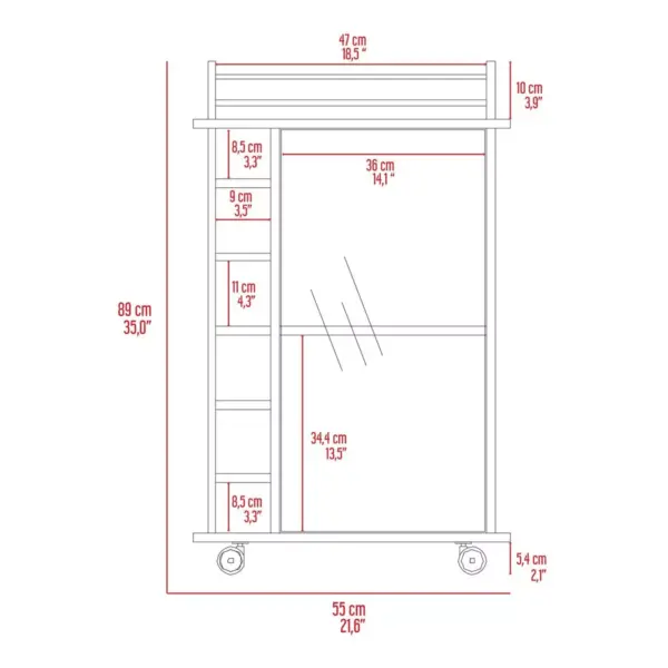 TUHOME Dukat Bar Storage Display Cabinet Cart with Wheels for Wine and Liquor with Glass Door, 2 Shelves, and 6 Cubbies, Smoky Oak