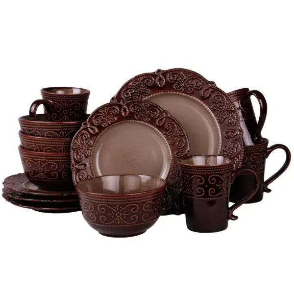 16pc Stoneware Antique Elegance Embossed Dinnerware Set Brown - Elama