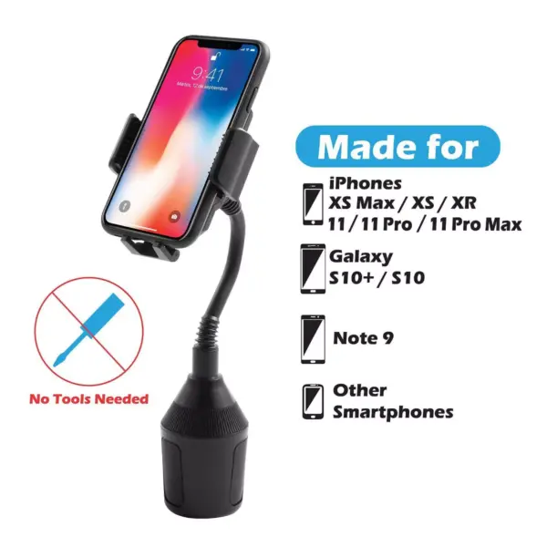 Insten Gooseneck Car Phone Mount Cup Holder Stand For iPhone 11 12 Mini Pro Max XS X XR Galaxy S10 Plus S10+ S10 S10e Note 10 Google Pixel 3 XL Black