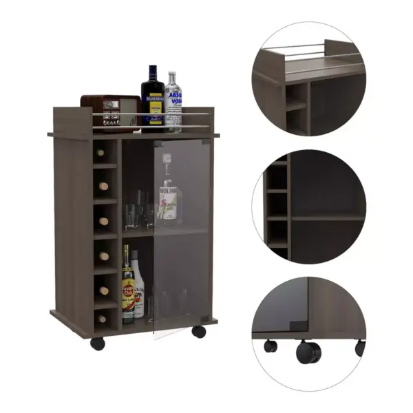 TUHOME Dukat Bar Storage Display Cabinet Cart with Wheels for Wine and Liquor with Glass Door, 2 Shelves, and 6 Cubbies, Smoky Oak