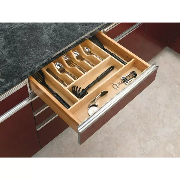 Rev-A-Shelf 4WCT-3SH Short Trim-to-Fit  Wooden Cutlery 9 Compartment Tray Insert Utensil Organizer for Kitchen Cabinet Drawers, Natural Maple