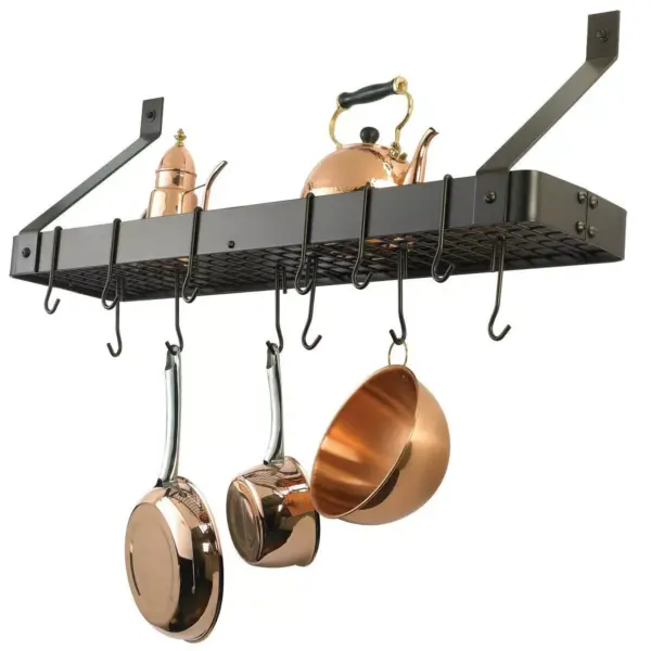 Old Dutch International Oiled Bronze Wall-Mount Bookshelf Pot Rack with Grid and 12 Hooks