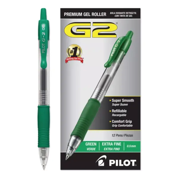 Pilot G-2 Gel Ink Pen, 0.5mm Extra Fine - Green Ink (12 Per Pack)