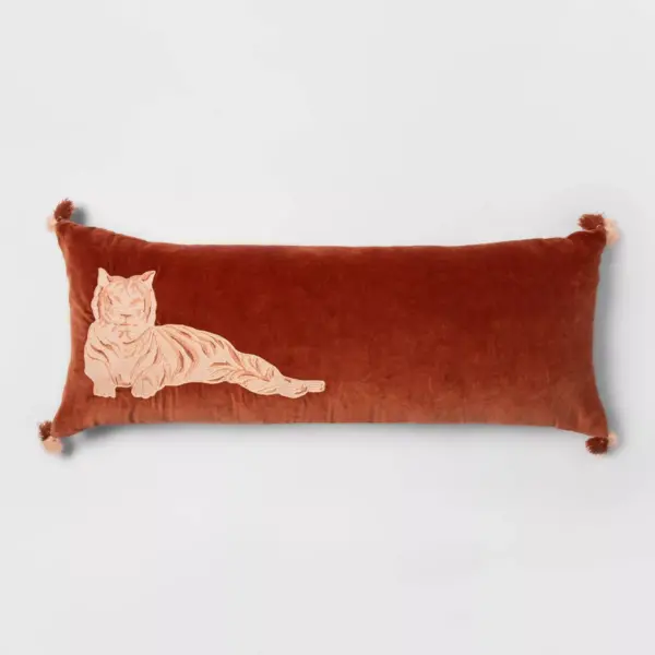 Oblong Oversize Tiger Embroidered Velvet Decorative Throw Pillow Bronze - Opalhouse™