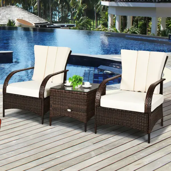 Costway 3 PCS Patio Rattan Furniture Set Coffee Table & 2 Rattan Chair W/White Cushions