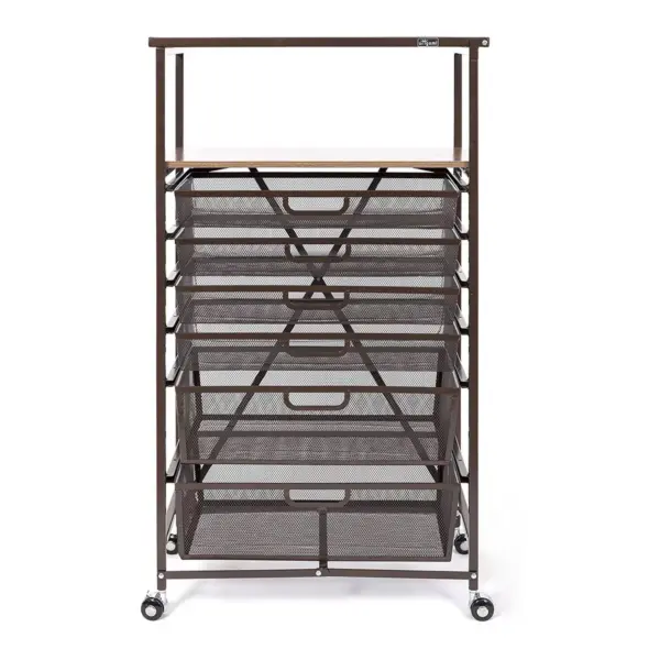 Origami CC6-Bronze Narrow Folding Storage Shelf Rolling Cart Unit with 6 Organizer Mesh Drawers in Bronze for Home, Office, or Dorm