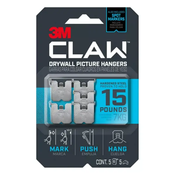 3M 15lb CLAW Drywall Picture Hanger with Temporary Spot Marker + 5 hangers and5 markers