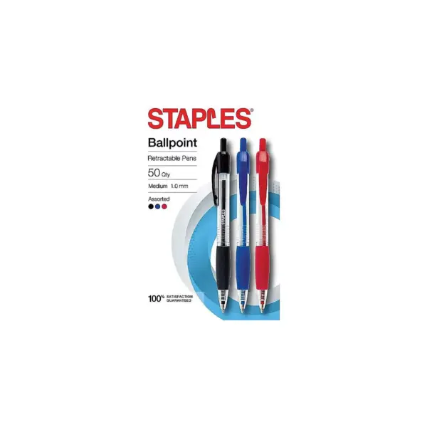 Staples Ballpoint Retractable Grip Pens Medium 1.0mm Assorted 50pk 2345307