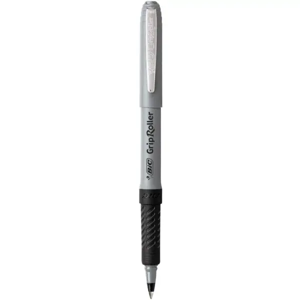 BIC Roller Glide Grip Ballpoint Pen with Metal Clip, 0.7 mm Fine Tip, Black Ink, Gray Barrel, pk of 12