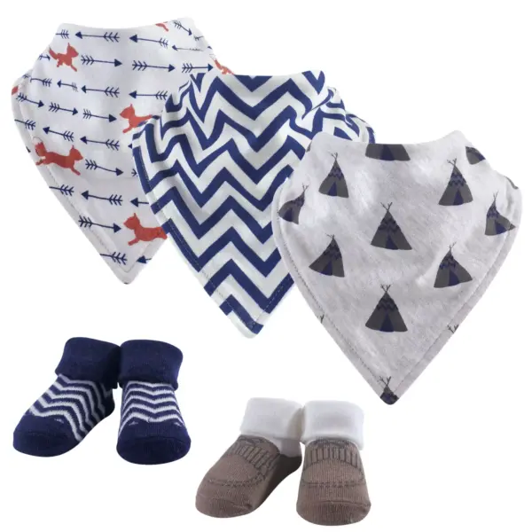 Hudson Baby Infant Boy Cotton Bib and Sock Set 5pk, Teepee, One Size