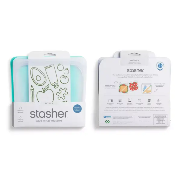 stasher Reusable Food Storage Sandwich Bag - Aqua & Clear - 2pk