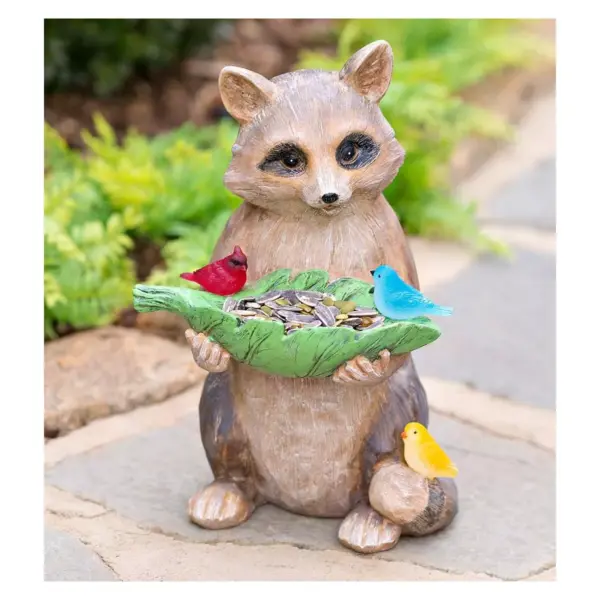 Wind & Weather Raccoon With Leaf Bird Feeder with Solar Lighted Birds