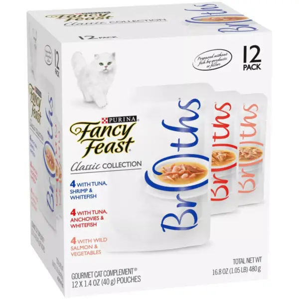 Purina Fancy Feast Broths Classic Collection Gourmet Wet Cat Food Complement Tuna, Shrimp & Salmon - 1.4oz/12ct Variety Pack