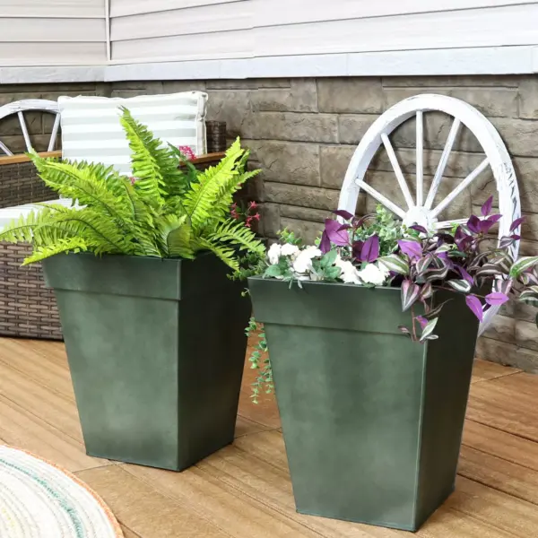 Sunnydaze Modern Decorative Indoor/Outdoor Galvanized Steel Standing Planters for Flowers, Plants and Herbs - 13.75" Square - Moss - 2-Pack