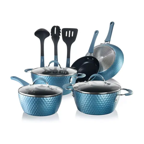 NutriChef NCCW11BD 22 Piece Nonstick Ceramic Coating Diamond Pattern Kitchen Cookware Pots and Pan Set with Lids and Utensils, Royal Blue