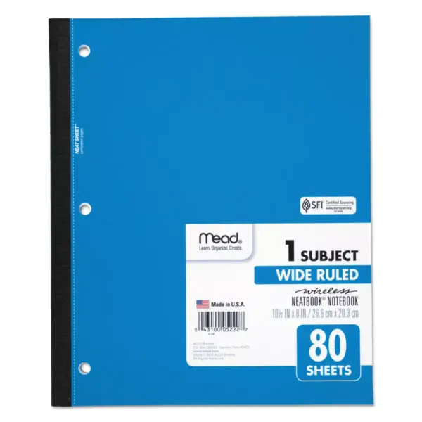 Mead Wireless Neatbook Notebook Wide Rule 10 1/2 x 8 White 80 Sheets 05222