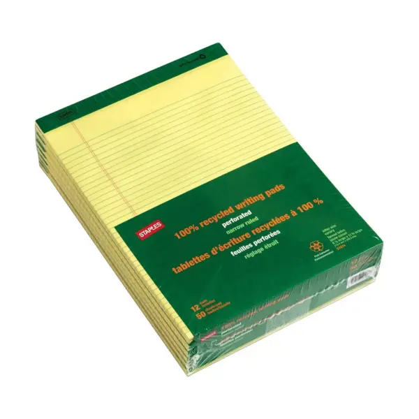 Staples Notepads 8.5" x 11.75" Narrow Yellow 50 Sh./Pad 12 Pads/PK 354743