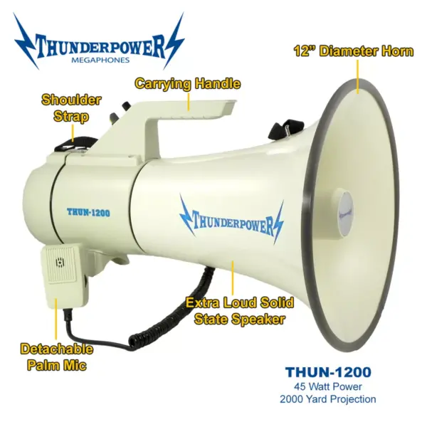 ThunderPower THUN1200 Earthquake Maker 2000 Yard Sound Range 45 Watt Portable PA Bullhorn Megaphone Speaker w/ 2 Modes, Aux Input, & DC Charger, White