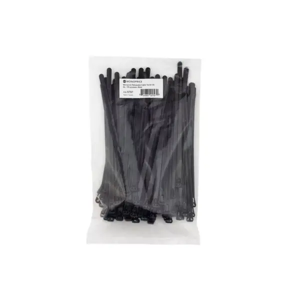 Monoprice 8-inch Releasable Cable Tie, 100pcs/Pack, 50 lbs Max Weight - Black