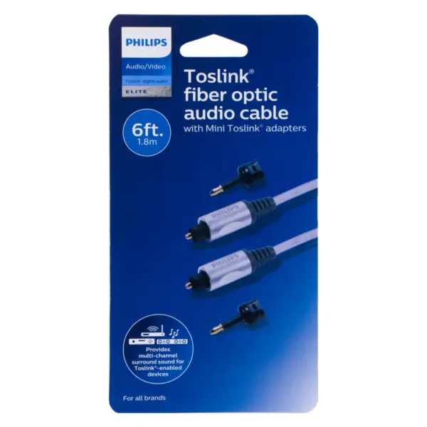 Philips 6' Elite Toslink Digital Fiber Optic Cable with 2 Mini Adapters - Gray