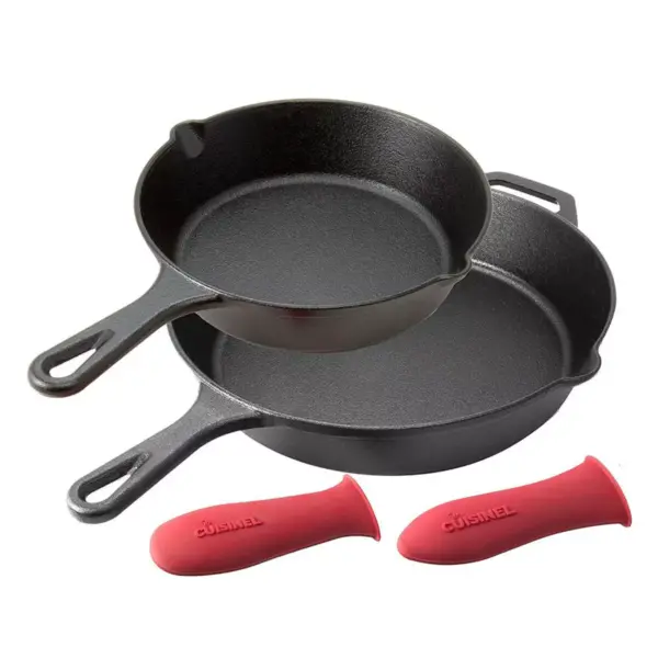 Cuisinel C12608-10 8 Inch and 10 Inch Pre Seasoned Cast Iron Skillet Frying Pan Cookware Set for Indoor and Outdoor Cooking  with Handle Covers