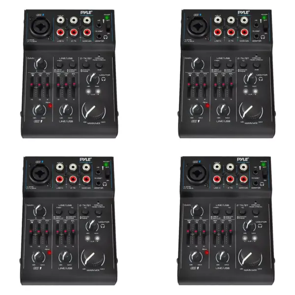 Pyle PAD30MXUBT 3-Channel Professional Compact Bluetooth DJ Mixer w/ Audio Interface, USB Soundcard for PC Recording, XLR, & Microphone Jack (4 Pack)