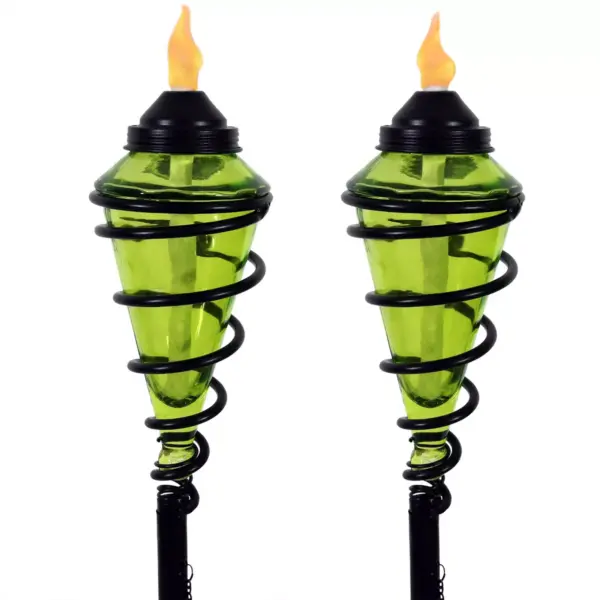 Sunnydaze Outdoor Adjustable Height Glass and Metal Swirl Patio and Lawn Citronella Torch Set - Green - 2pk