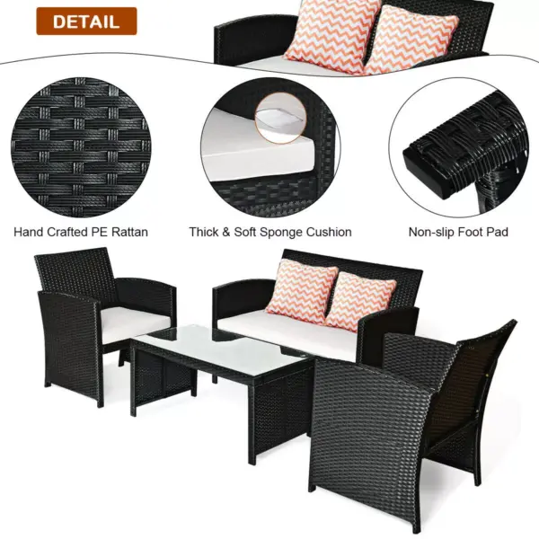 Costway 4PCS Patio Rattan Furniture Conversation Set Cushioned Sofa Coffee Table Black