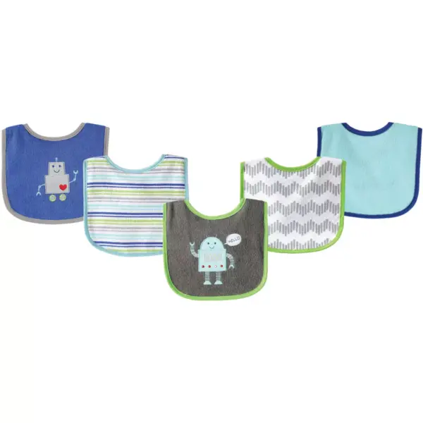 Luvable Friends Baby Boy Cotton Terry Drooler Bibs with PEVA Back 5pk, Robot, One Size